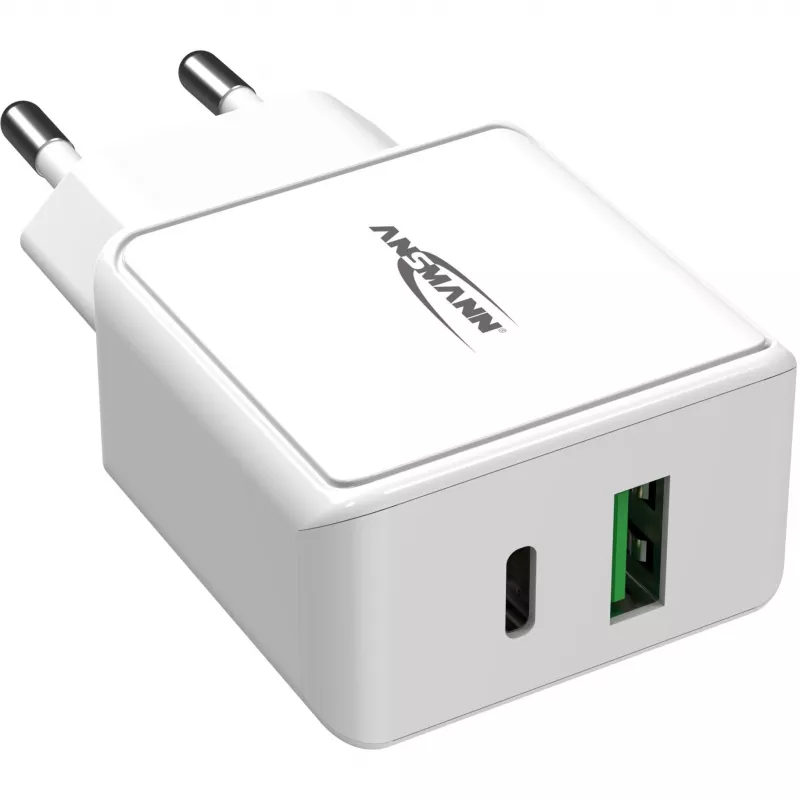 ANSMANN HC218PD - Netzteil - 18 Watt - 3000 mA - PD, QC 3.0 - 2 Ausgangsports (USB, USB-C) - Weiß (1001-0111)