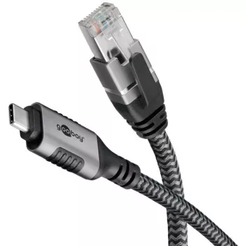 Ethernet-Kabel USB-C 3.2 Gen2 Stecker > RJ-45 Stecker, LAN-Adapter schwarz/Silber, 2 Meter, geflochtener Textilmantel