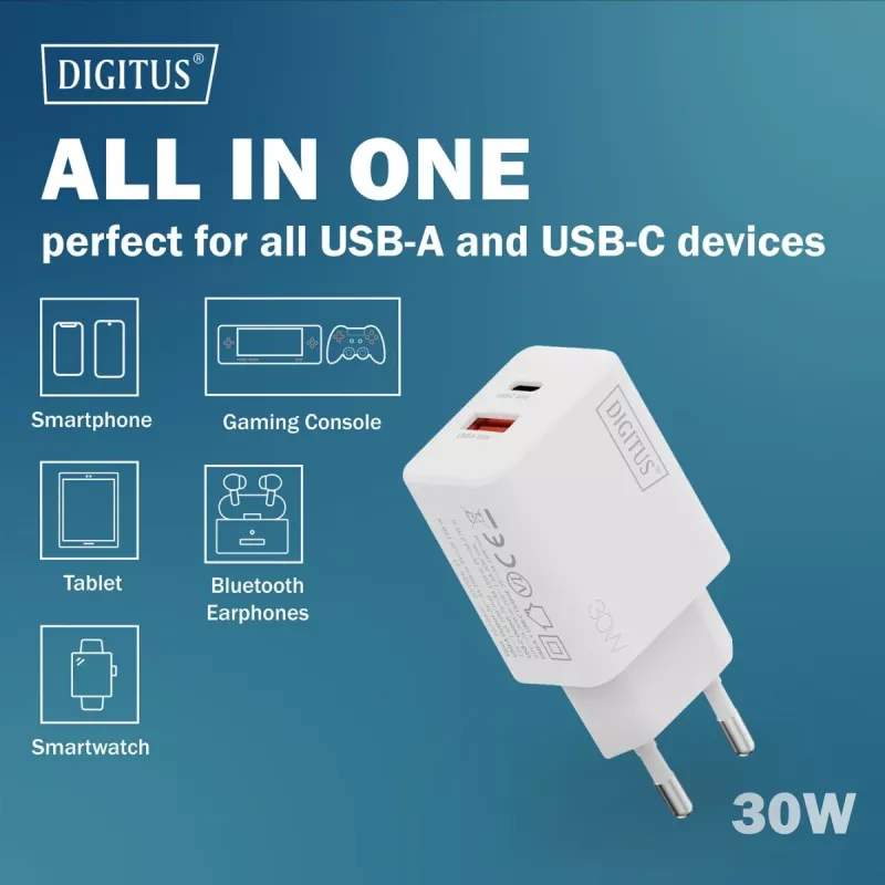 AC Indoor USB GaN Ladegerät DIGITUS DA-10301 — 30W, 1× USB-C, 1× USB-A, 100–240V, weiß