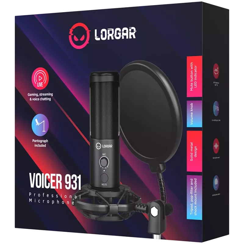 LORGAR Voicer 931, Gaming-Mikrofon, Schwarz, USB-Kondensatormikrofon mit Galgenarmständer, Pop-Filter, Stativ. Inklusive 1* Mikrofon, 1* Galgenarmständer mit C-Klemme, 1* Stoßdämpfer