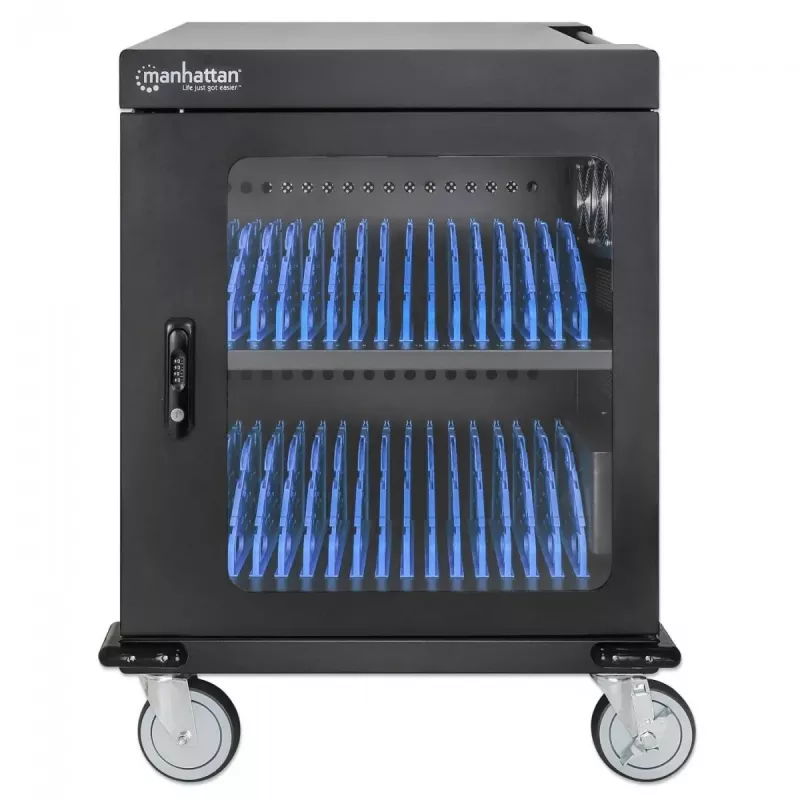 Manhattan Laptop-Ladewagen/-Trolley über AC-Adapter (EU) 32 Fächer, Installieren Sie den AC-Adapter (Netzkabel) des Geräts im Gerät, Geeignet für ALLE Laptops (bis 15,6 Zoll), iPads, MacBooks, Chromebooks, andere USB-C-Geräte, Fächer 380 x 30 x 280 mm, Schrank, Abschließbar