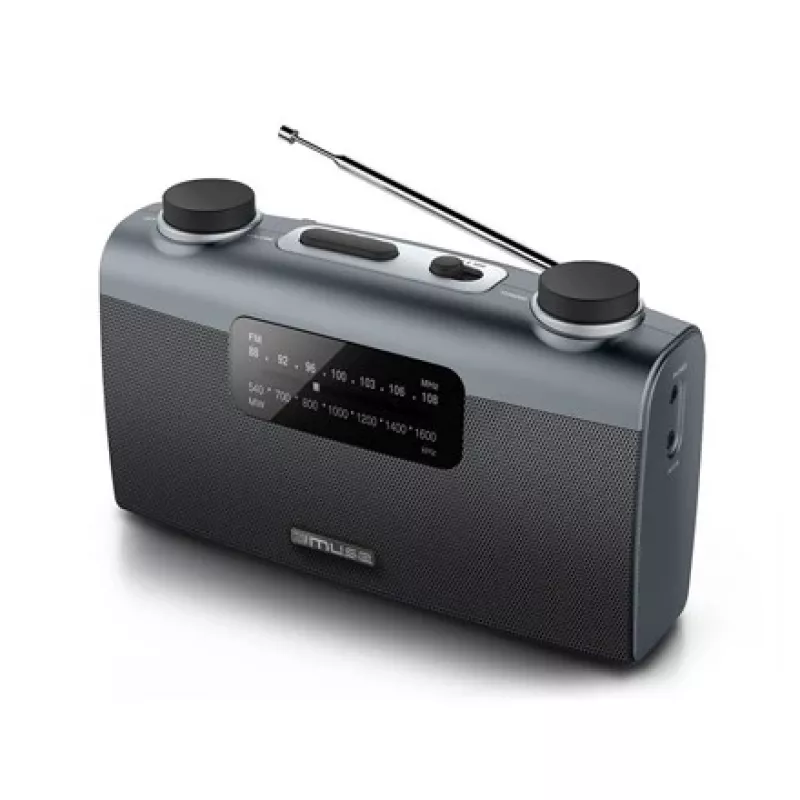 Tragbares Radio Muse M-058 R — AM/FM, Drehregler-Lautstärkeregelung, Batterie- oder Netzbetrieb (230V, 50Hz), Schwarz/Grau