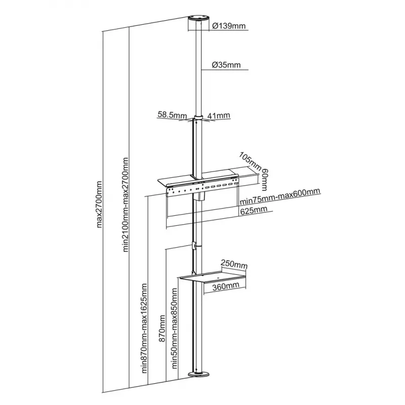 Maclean MC-791N Teleskop-Boden-Decken-TV-Halterung mit Ablage, 37–70 Zoll, 30 kg