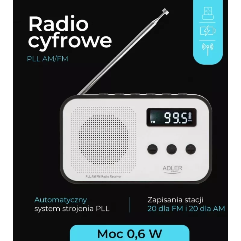 Tragbares Digitalradio Adler AD 1907 — UKW/MW, digitaler Tuner, Wecker, USB-C, 600 mAh Akku, LCD, 20 Senderspeicher, Teleskopantenne