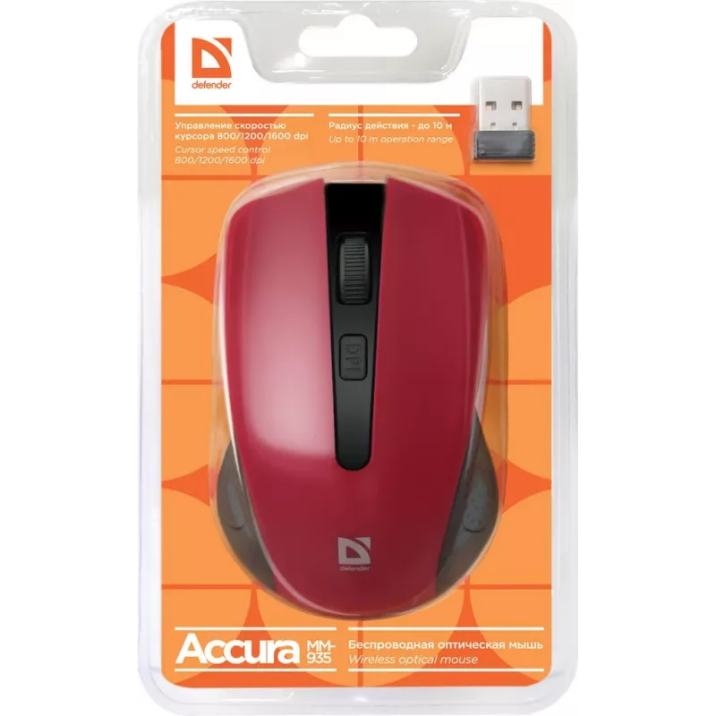Kabellose optische Maus DEFENDER MM-935 RF – beidhändig, 1600 DPI, rot, RF-USB-Empfänger, AAA-Batterien