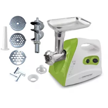 Fleischwolf ESPERANZA EKM012G — 600 W, Edelstahlklinge, Wursthorn, Kebbe-Aufsatz, Rückwärtslauf, rutschfeste Füße, weiß/grün