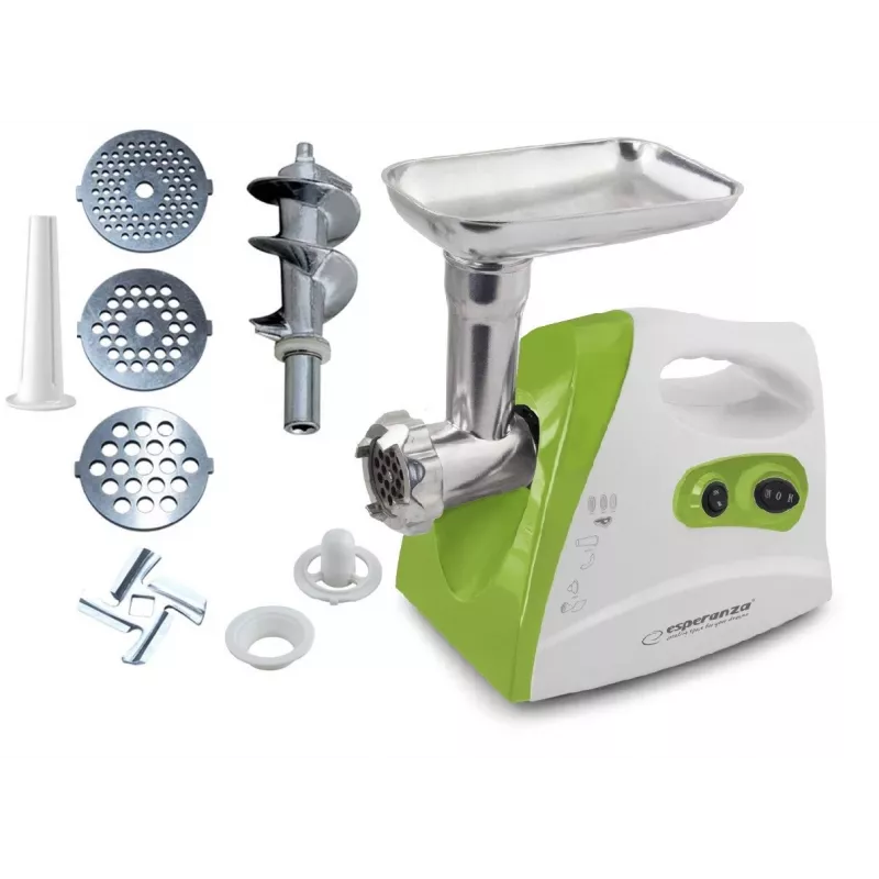 Fleischwolf ESPERANZA EKM012G — 600 W, Edelstahlklinge, Wursthorn, Kebbe-Aufsatz, Rückwärtslauf, rutschfeste Füße, weiß/grün