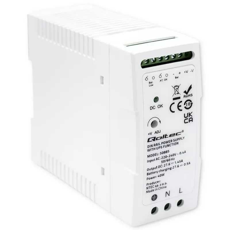 Qoltec 50885 Stabile Hutschienen-Stromversorgung mit USV-Funktion | 40W