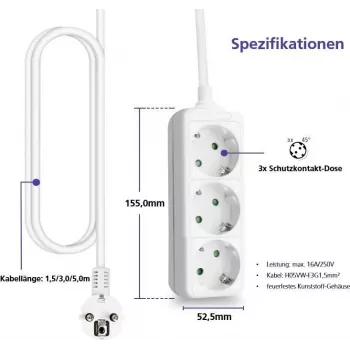 Mehrfachsteckdose helos CLASSIC 3-fach 5,0 m Kabel ohne Schalter
