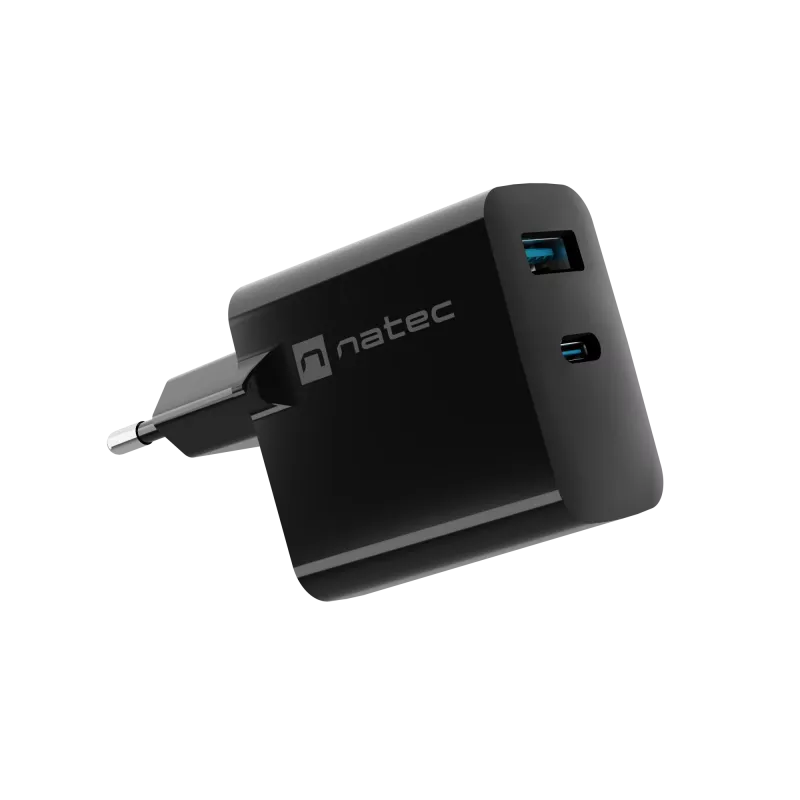 Kabelgebundes Mobilgeräte-Ladegerät NATEC NUC-2143, 45 W, USB-C PD 3.0 + USB-A QC 3.0, 110–240 V, Schwarz