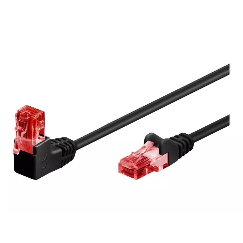 Goobay CAT 6 Patchkabel 1x 90° abgewinkelt, U/UTP, Schwarz, 1 m - Rastnase oben, CCA-Kupfergemisch (51515)