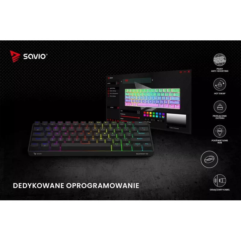 Mechanische Gaming-Tastatur SAVIO SchwarzOUT X2 BROWN 61-Tasten 60% USB QWERTY RGB Outemu Brown