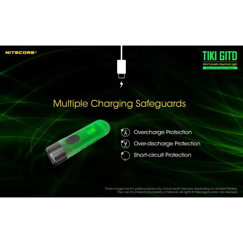 Schlüsselanhänger-Taschenlampe Nitecore TIKI GITD Grau — USB wiederaufladbar, 1 lm, 55 mm, 12 g, IP66