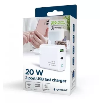 Netzladegerät 220V GEMBIRD, Universal, 1x USB Type-C PD 20 W, 1x USB-A 3.0 QC 18 W, LED-Anzeige, Weiß