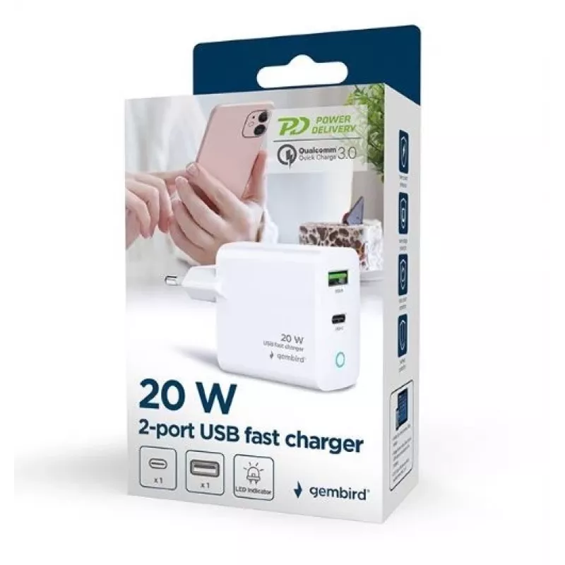 Netzladegerät 220V GEMBIRD, Universal, 1x USB Type-C PD 20 W, 1x USB-A 3.0 QC 18 W, LED-Anzeige, Weiß