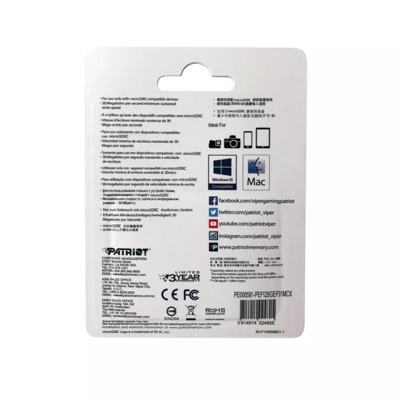 MicroSDXC-Speicherkarte PATRIOT 128 GB Klasse 10 U3 V30, Lesen 100 MB/s, Schreiben 80 MB/s, microSDXC