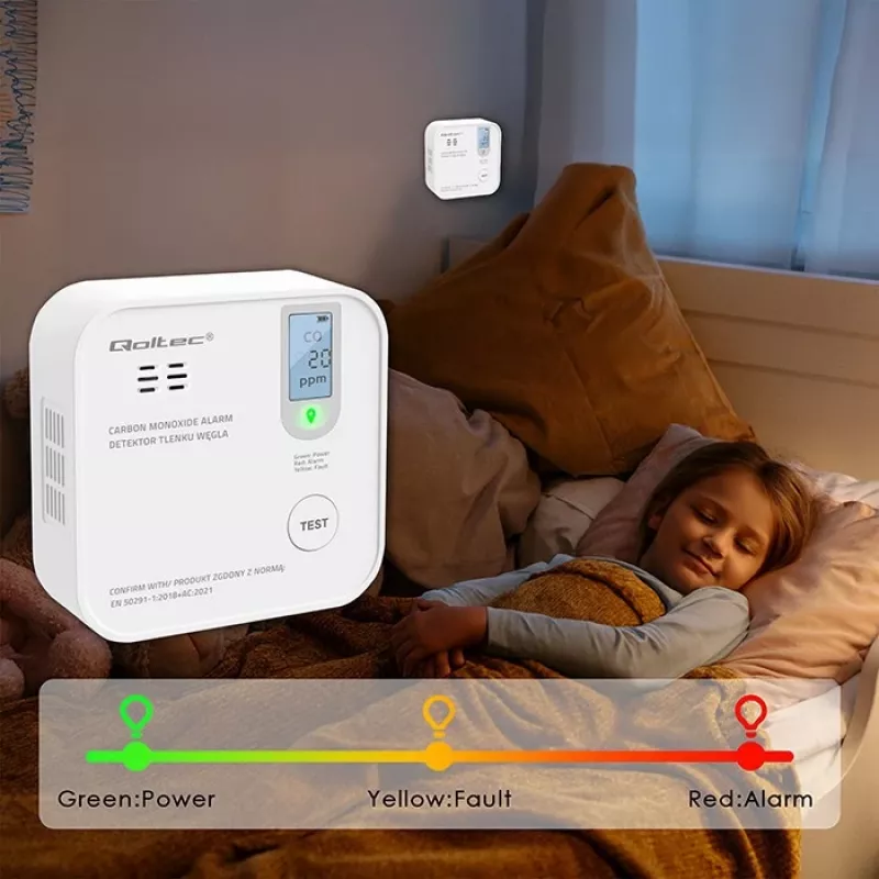 Kohlenmonoxid-Sensor QOLTEC 52577 — batteriebetriebener Alarm, 85 dB Schallpegel