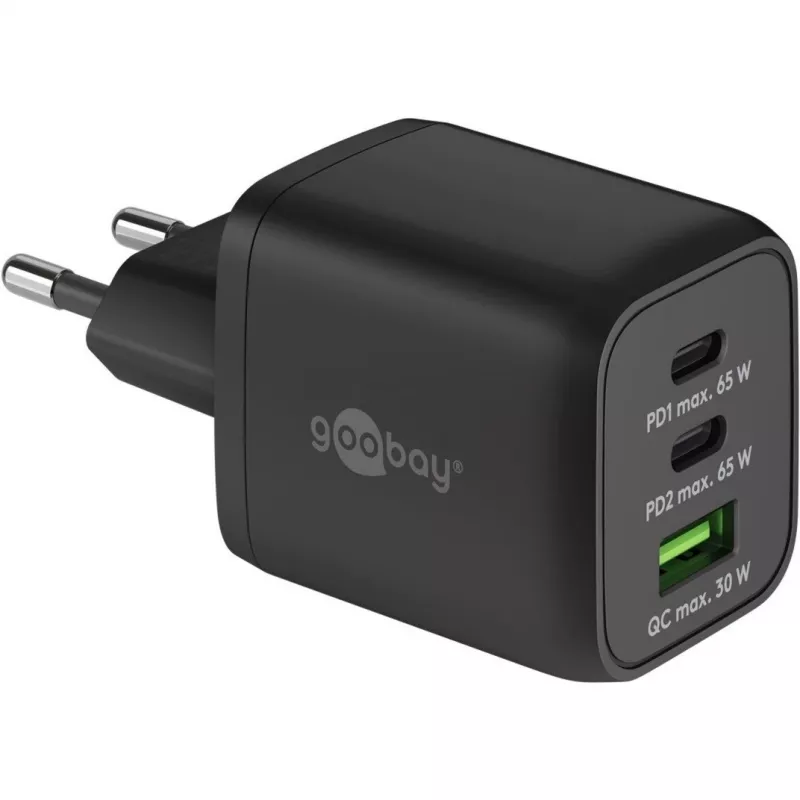 USB-C Fast Charger Nano, PD, GaN, 65 Watt, USB-C Braided Kabel (schwarz, 1x USB-A, 2x USB-C PD, Quick Charge 3.0, 1 Meter Kabel)