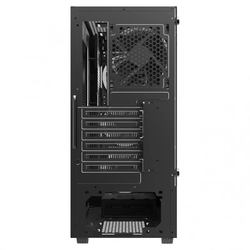 PC-Gehäuse SAVIO Noctis Flow — Cube Mini‑ITX/Micro‑ATX/ATX, 3x120mm vorne, 1x120mm hinten, 2x3,5 Zoll + 3x2,5 Zoll Einschübe, gehärtetes Glas