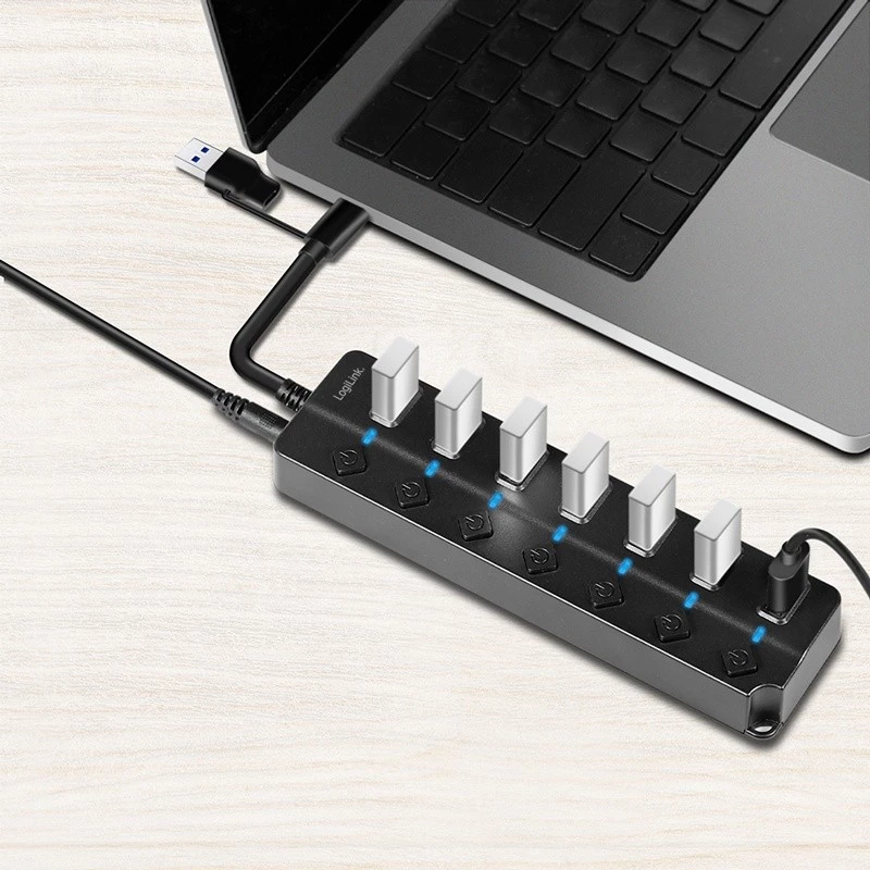 USB 3.2 Gen 1 Hub, 7 Port mit Ein-/Ausschalter, schwarz