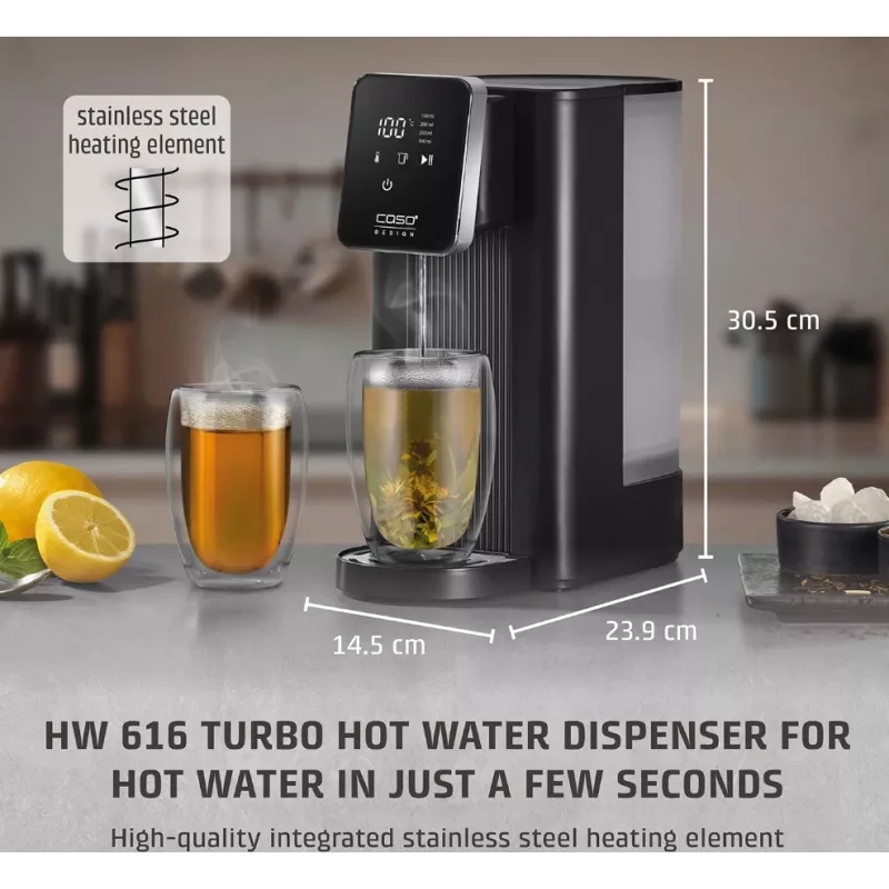 Caso Turbo Heißwasserspender | HW 616 | Wasserspender | 2600 W | 2,5 L | Kunststoff/Edelstahl | Schwarz/Edelstahl