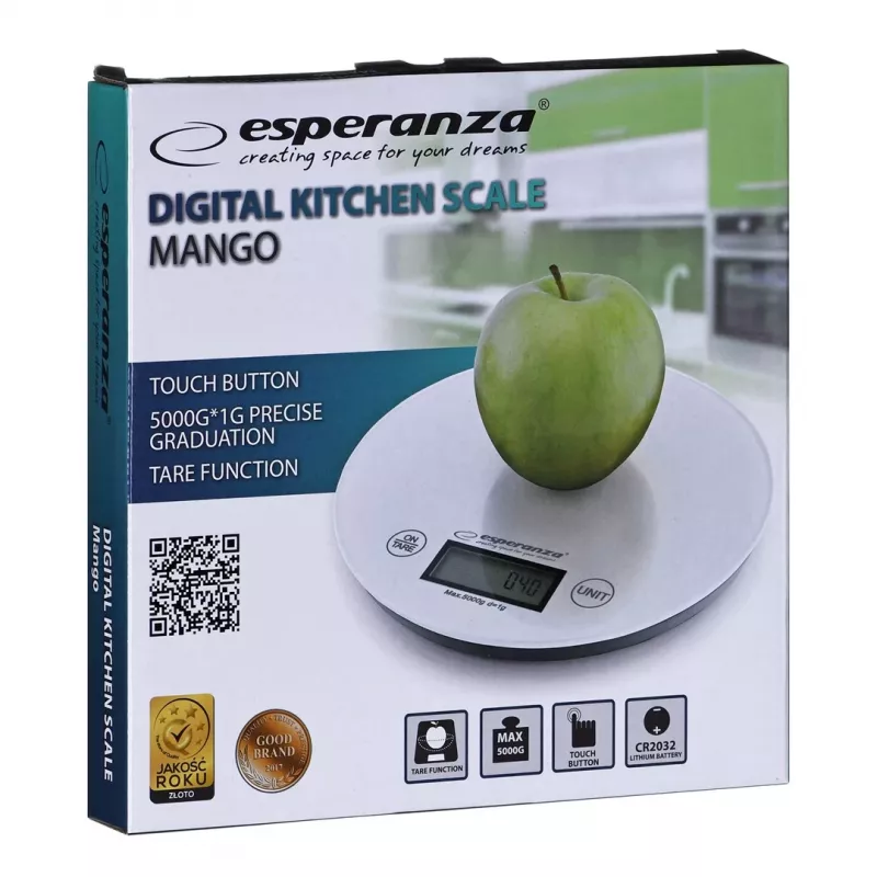 Elektronische Küchenwaage ESPERANZA EKS003W, 5 kg Kapazität, 1 g Genauigkeit, gehärtetes Glas, Touch-Steuerung