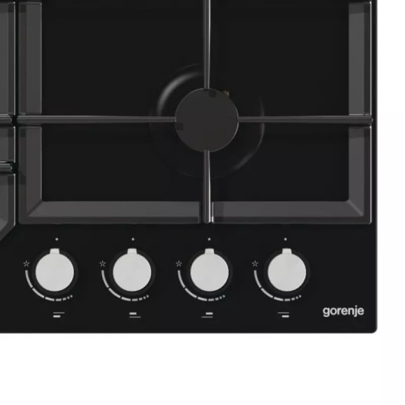 Gasherd Gorenje GT641KB, Einbau 60 cm, 4 Gaszonen, gehärtetes Glas, Gusseisenroste, Drehknöpfe
