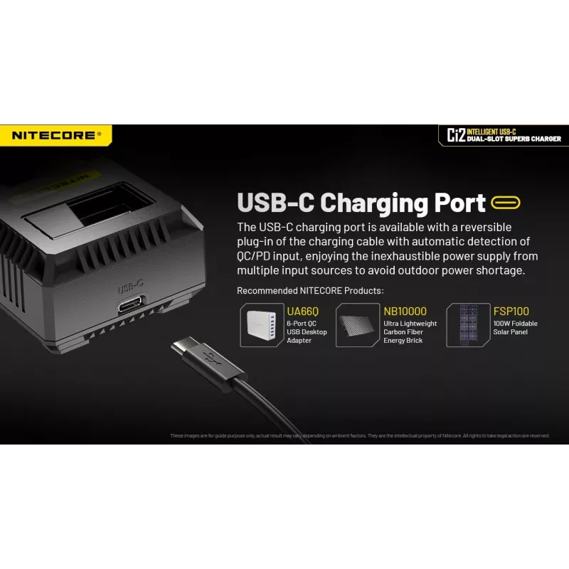 Batterieladegerät Nitecore Ci12 Universelles USB-Ladegerät für Li‑Ion, NiCd, NiMH, 3A Eingang 5/9/12V, Kunststoffgehäuse