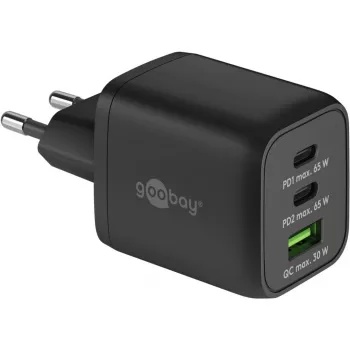 USB-C Fast Charger Nano, PD, GaN, 65 Watt, USB-C Braided Kabel (schwarz, 1x USB-A, 2x USB-C PD, Quick Charge 3.0, 1 Meter Kabel)