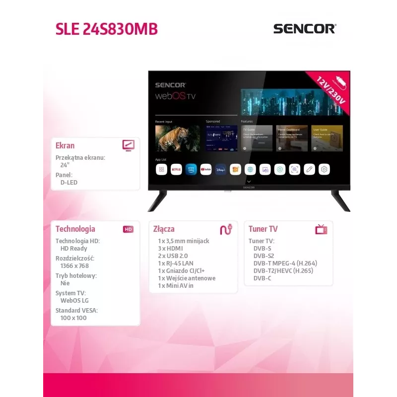 24 Zoll LED Smart Display Fernseher SENCOR SLE 24S830MB — HD-Auflösung, Energieeffizienzklasse E