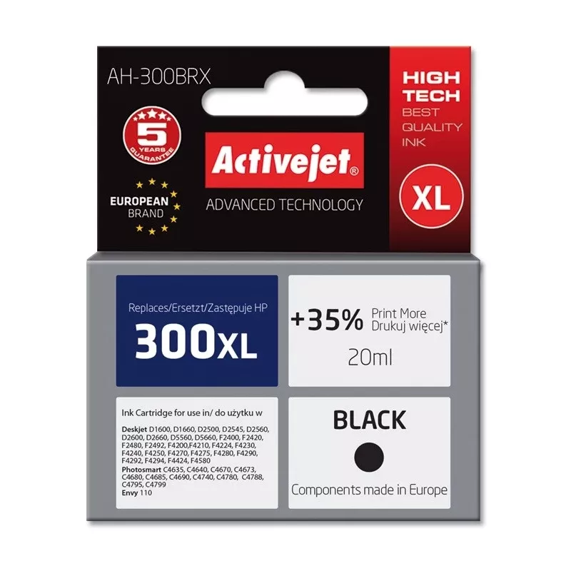 ActiveJet AH-300BRX Kompatible Tintenpatrone (Schwarz, 20 ml, Hohe XL, Pigment, für HP 300XL CC641EE)