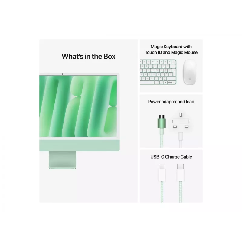 iMac 24 Retina 4.5k Display M4, Grün, M4 (10-CPU/10-GPU), 24 GB, 512 GB, Standardglas, Touch ID, Deutsch, Gigabit Ethernet, Magic Maus, MD2Q4D/A