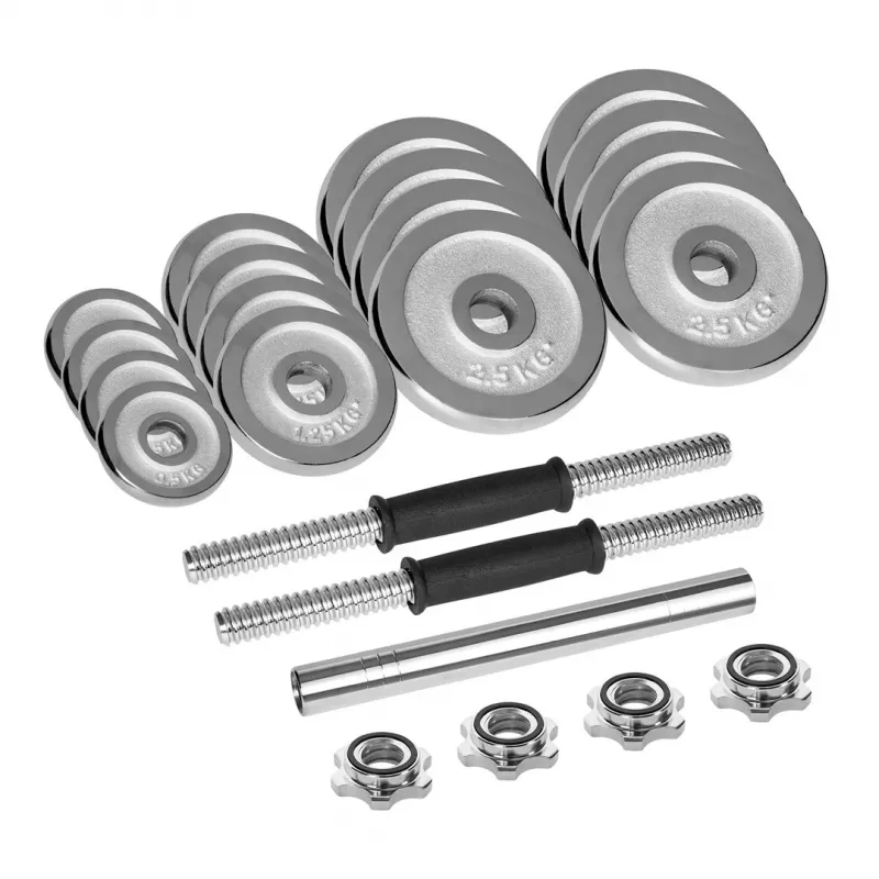 Verstellbares Kurzhantelset aus Gusseisen mit Chrom-Finish 30 kg im Koffer mit Langhantelgriff von Rebel Active