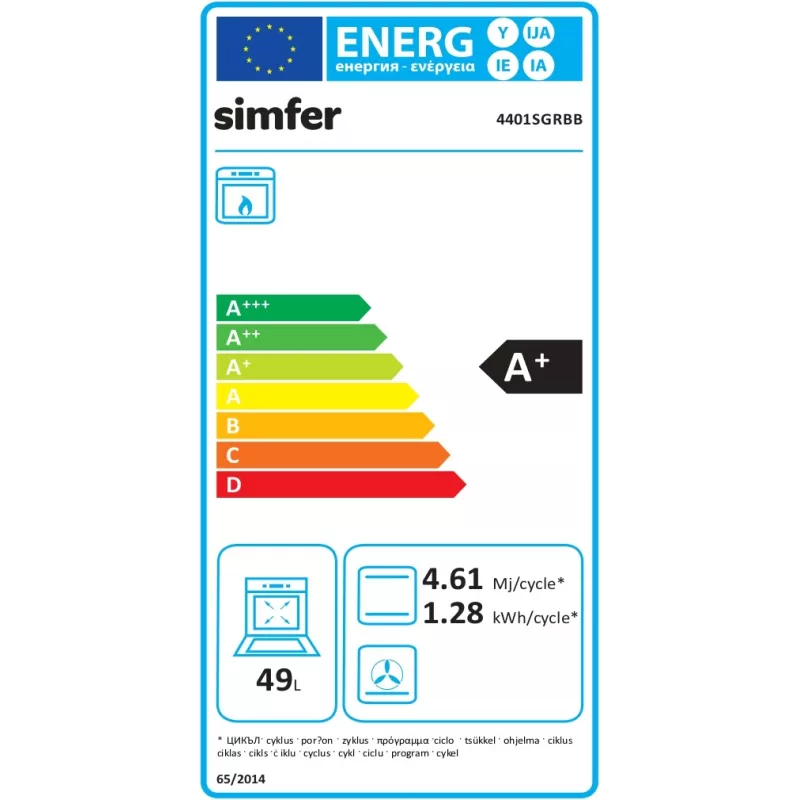 Gasherd SIMFER 4401SGRBB.1 mit Gaskochfeld und Gasbackofen, 50 cm Breite, 55 cm Tiefe, Energieeffizienzklasse A+
