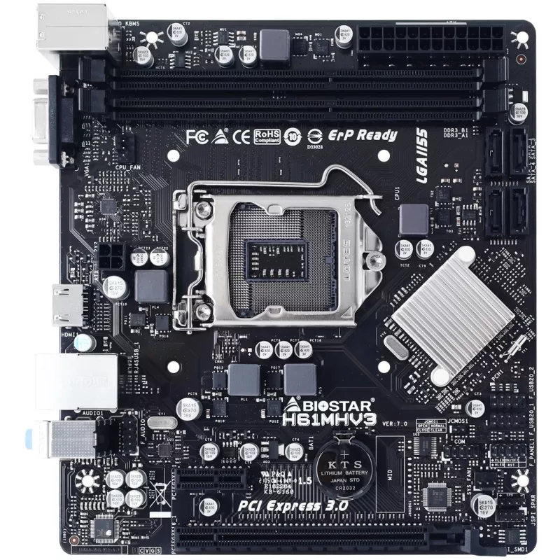 Motherboard BIOSTAR H61MHV3 micro ATX, Intel H61 Chipsatz, LGA 1155, DDR3, 2x DIMM, 4x SATA II, HDMI, VGA