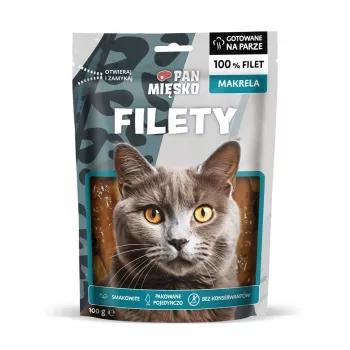 Nass-Katzenleckerli Pan Miesko Makrelenfilets Adult 100 g — Portions-Fischfilets, 25 % Protein, 70 % Feuchtigkeit