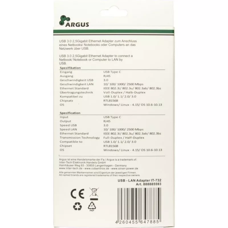 Ethernet Adapter Inter-Tech IT-732 2500 Mbit/s USB Type-C Kabelgebunden