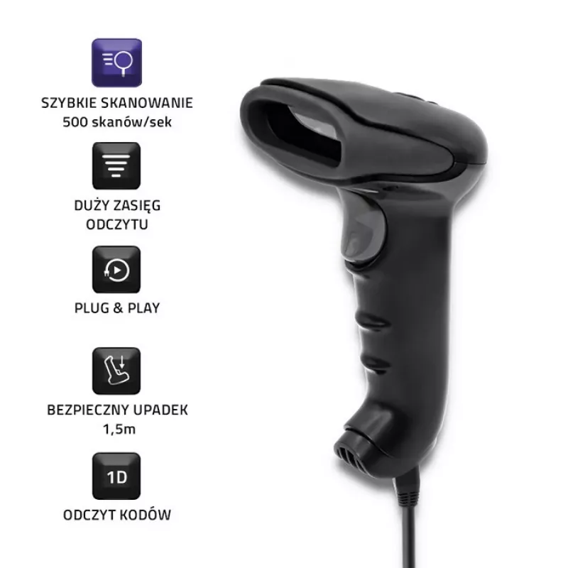 Handheld-Barcodeleser QOLTEC 50866 — 1D-Laserscanner, USB kabelgebunden, 600 mm Reichweite, schwarz, 161,5×88×77 mm