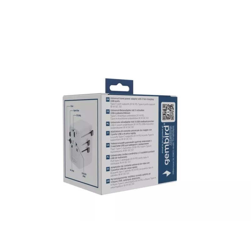 Reise-Netzteil GEMBIRD TPA-1A2C20-01-W — 20 W, USB-A (18 W) + 2× USB-C (20 W), Stecker Typ E, weiß