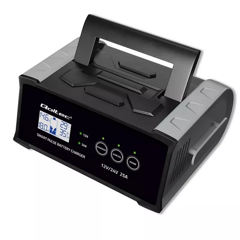 Batterieladegerät QOLTEC 52514 — 12V/24V, 25A, für AGM/GEL/SLA-Batterien mit LCD-Anzeige
