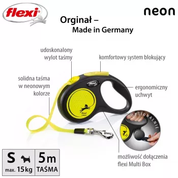 Flexi New NEON Roll-Leine 5 m – Bandleine, für kleine Hunde bis 15 kg, schwarz/gelb