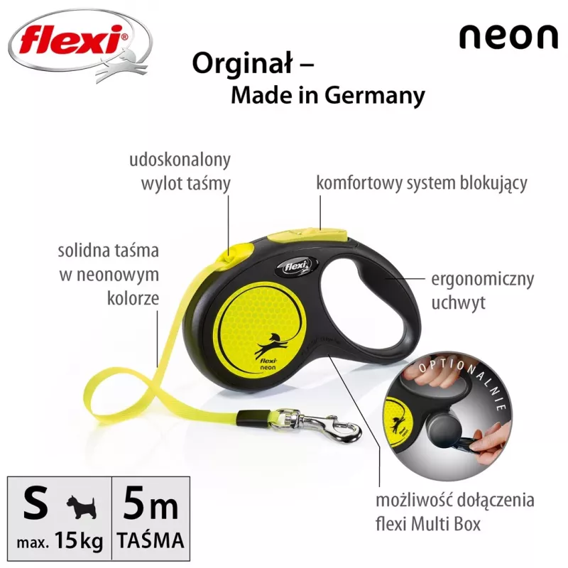 Flexi New NEON Roll-Leine 5 m – Bandleine, für kleine Hunde bis 15 kg, schwarz/gelb
