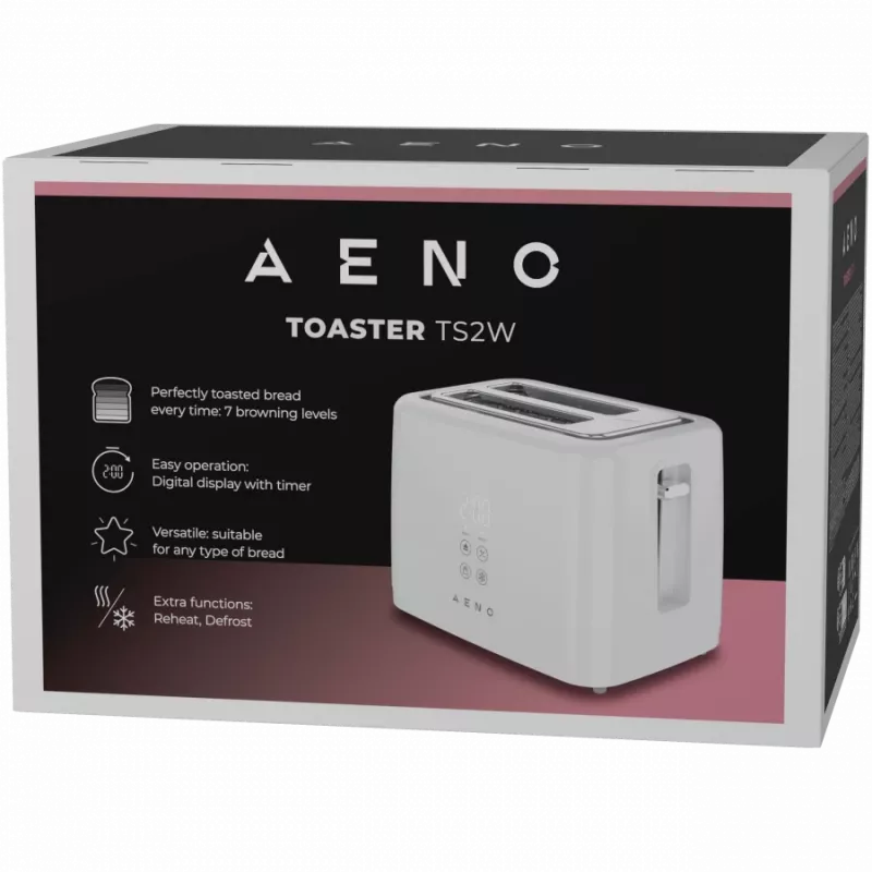 Toaster AENO ATS0002W 2-Slot, 780–930 W, 220–240 V 50–60 Hz, 3 Modi, 7 Bräunungsstufen, Weiß