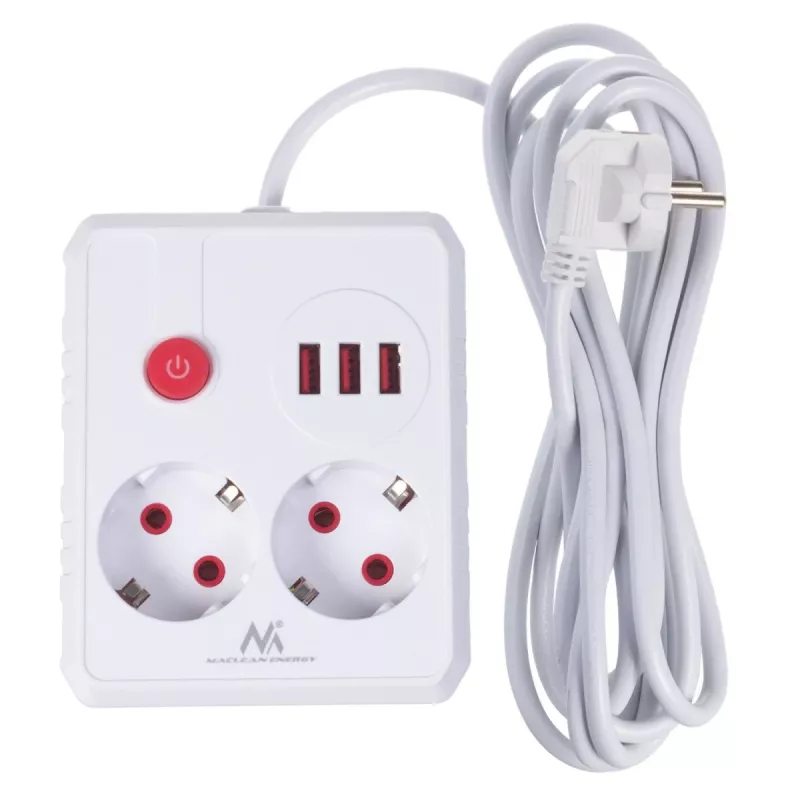 Steckdosenleiste MACLEAN MCE388 W – 2 Steckdosen, 3×USB, 110–240V, 2500W, 3 m Kabel, weiß