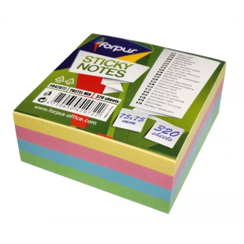Haftnotizen Forpus, 75x75mm, Mischung aus 4 Pastellfarben, Würfel (1x320)