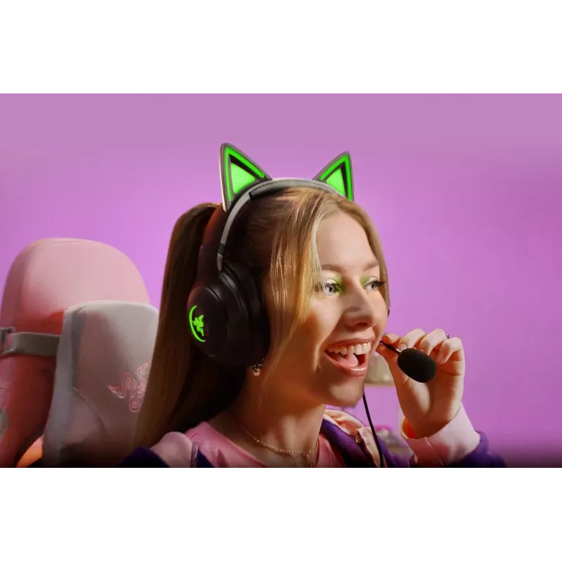 Kraken Kitty V2 - Schwarz, Gaming-Headset, Kitty-Ohren, Stream-Reaktive Beleuchtung, HyperClear-Kardioidmikrofon, 40-mm-TriForce-Treiber, integriertes Mikrofon in den Ohrmuscheln, Razer Chroma RGB (Ohr und Ohrmuscheln), Surround Sound: Nur verfügbar unter
