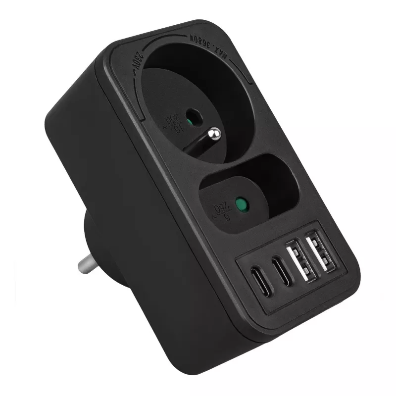 Power Splitter MACLEAN MCE249 F/B – 2 AC-Steckdosen (16A + 6A) mit 2×USB-A und 2×USB-C PD 20W, EU-Stecker, schwarz