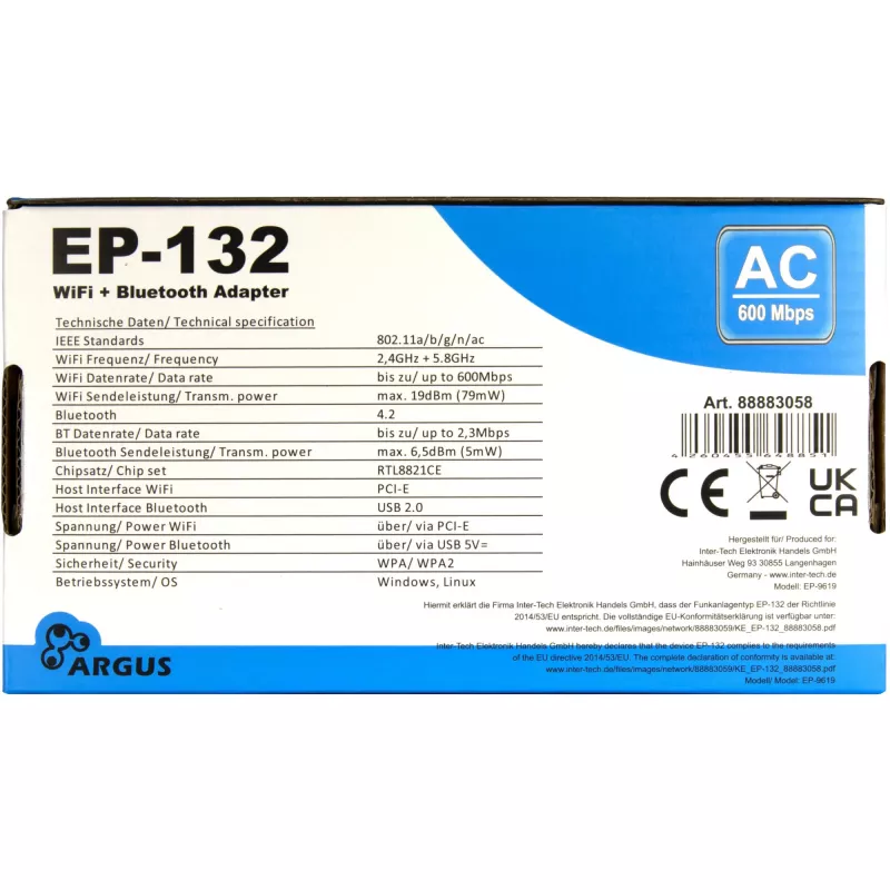 Kabelloser USB-Netzwerkadapter INTER-TECH Argus EP-132, USB 2.0, Wi-Fi 5 (bis zu 600 Mbit/s)