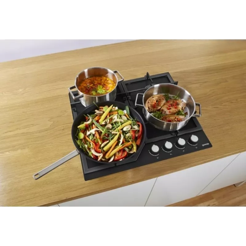 Gasherd Gorenje GT641KB, Einbau 60 cm, 4 Gaszonen, gehärtetes Glas, Gusseisenroste, Drehknöpfe