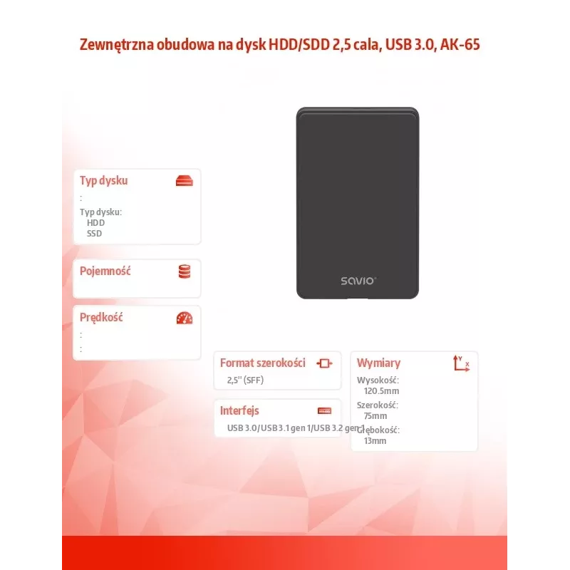 Festplatten-/SSD-Gehäuse SAVIO AK-65 Schwarz 2,5 Zoll SATA USB 3.0 5 Gbit/s Micro-USB